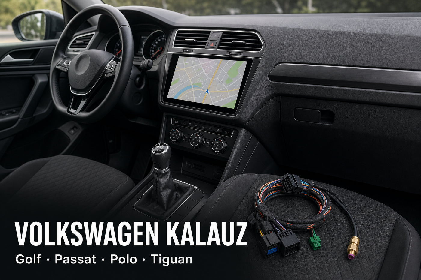 Android fejegység és beszerelő-kábelek VW-hez, VOLKSWAGEN KALAUZ felirattal – illusztráció