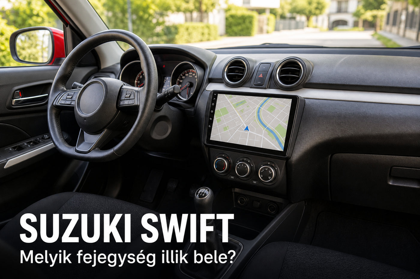 9 colos Android fejegység kisautóban, SUZUKI SWIFT felirattal – illusztráció