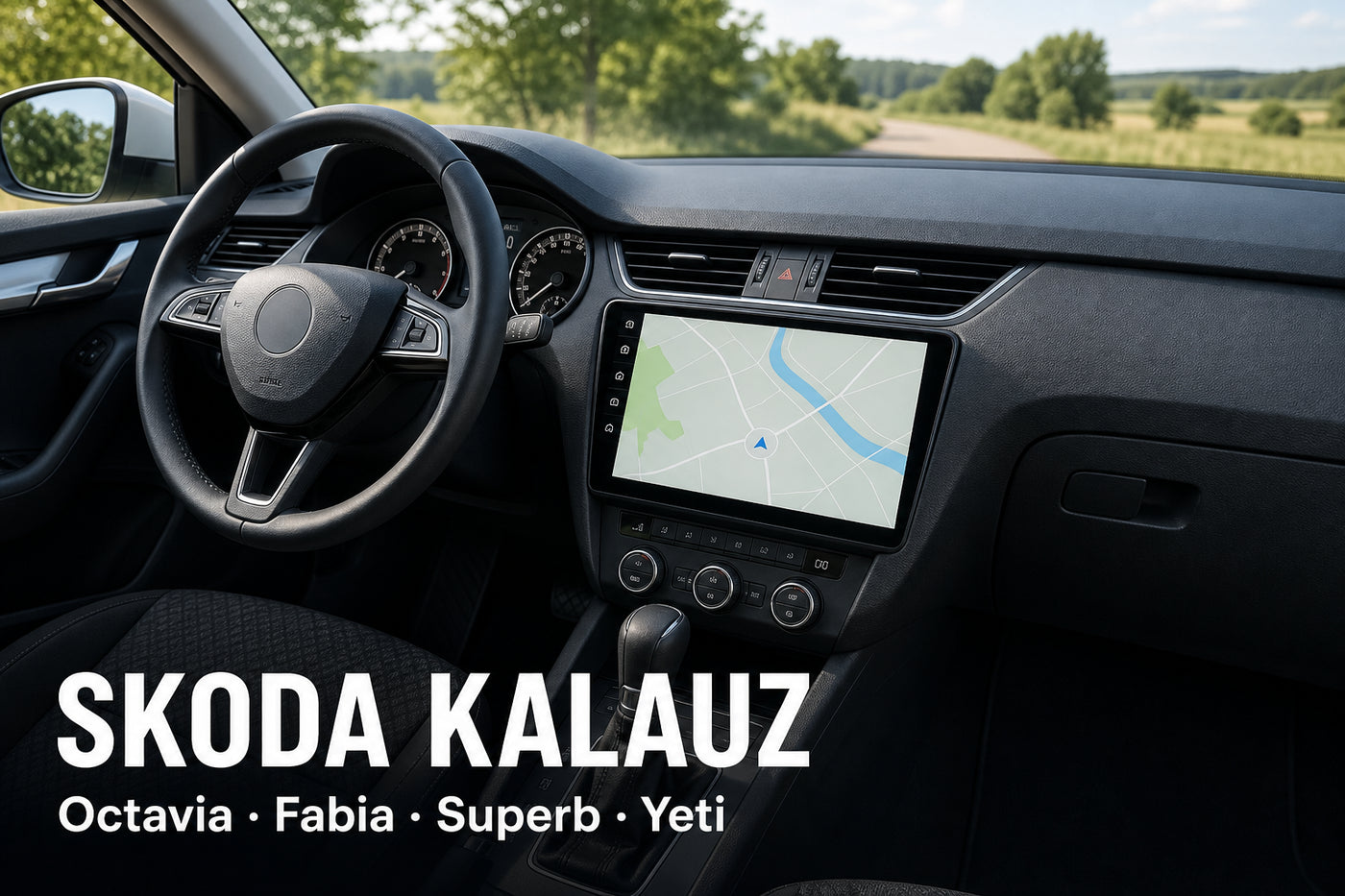 Széles Android fejegység családi autóban, SKODA KALAUZ felirattal – illusztráció