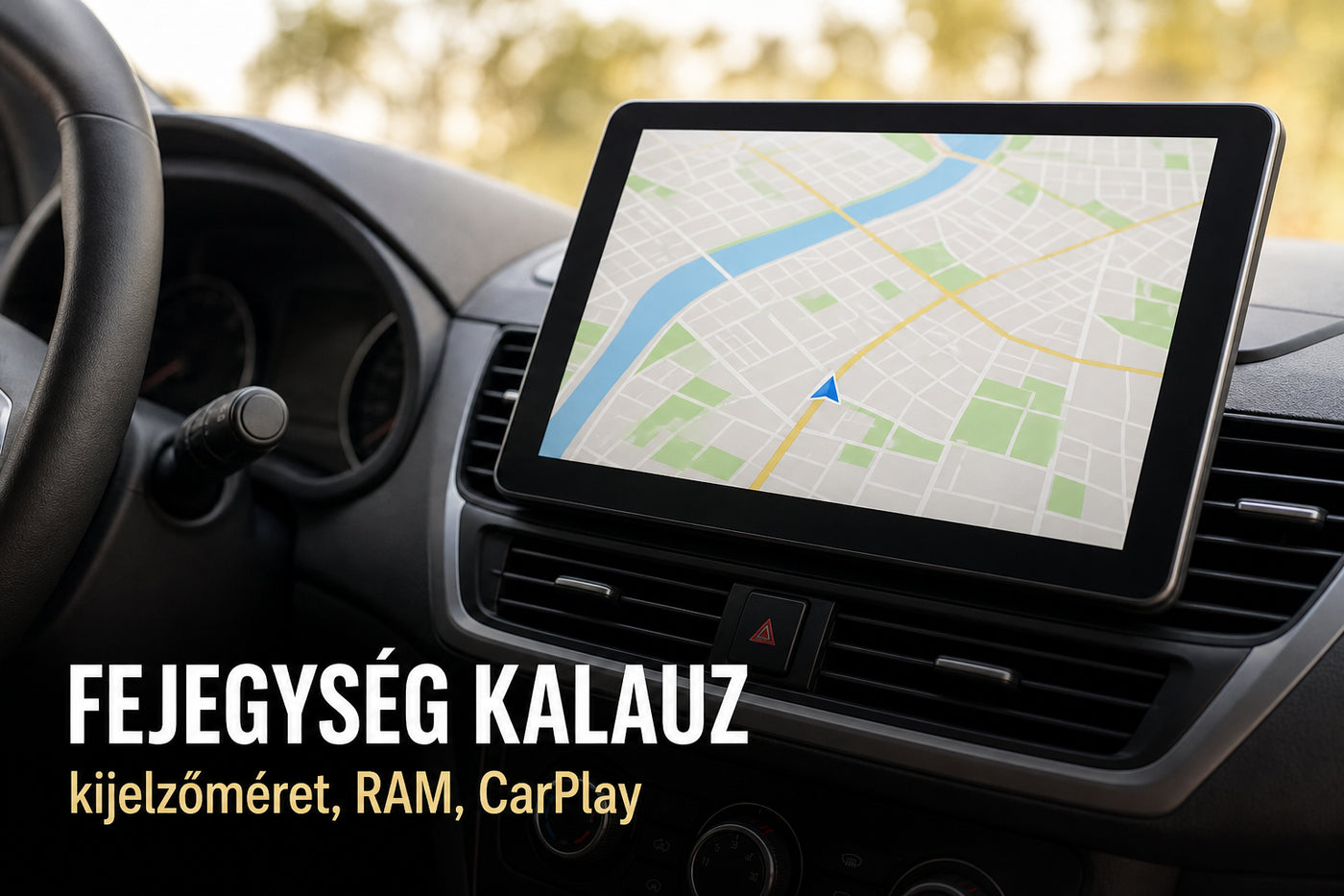 Android multimédia fejegység egy autó műszerfalán, a kijelzőn térképnézettel – illusztráció