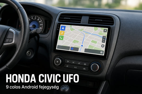 9 colos Android multimédia fejegység egy kompakt ferdehátú autó műszerfalán, navigációs nézettel – illusztráció