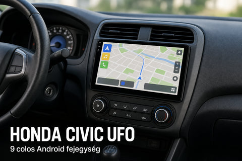9 colos Android multimédia fejegység egy kompakt ferdehátú autó műszerfalán, navigációs nézettel – illusztráció