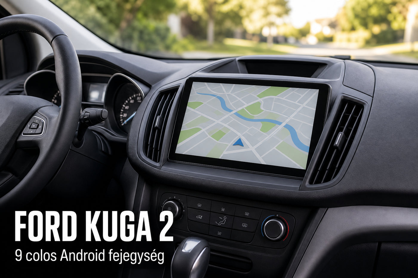 Nagy érintőkijelzős Android fejegység egy kompakt SUV műszerfalán – illusztráció