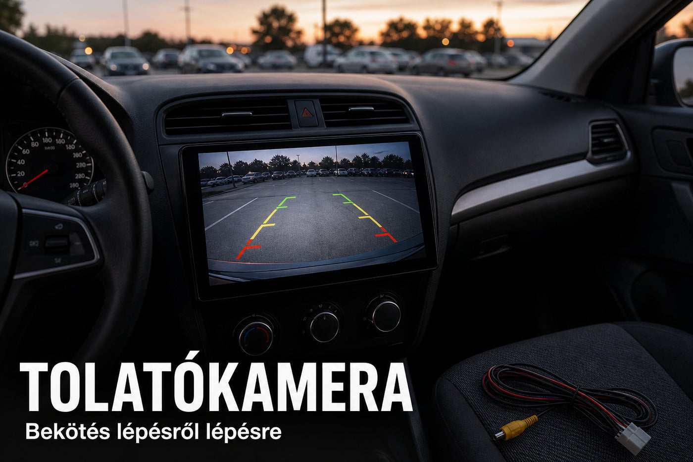 Autó műszerfalába épített érintőkijelzős fejegység tolatókamera-képpel, mellette RCA csatlakozó és vezetékköteg – illusztráció