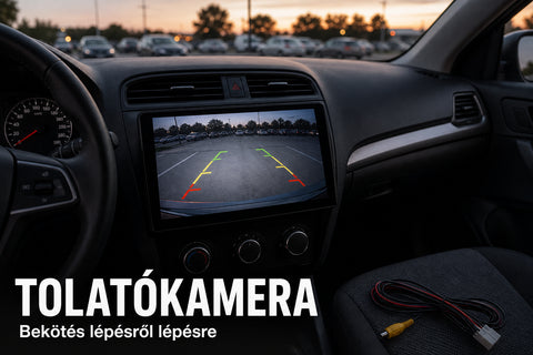 Autó műszerfalába épített érintőkijelzős fejegység tolatókamera-képpel, mellette RCA csatlakozó és vezetékköteg – illusztráció