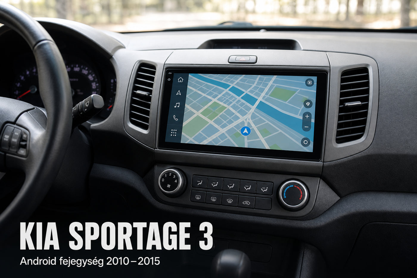 9 colos Android multimédia fejegység egy SUV műszerfalán, felirattal: Kia Sportage 3 – illusztráció