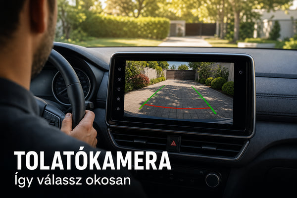 Tolatókamera képe az autó kijelzőjén tolatás közben, TOLATÓKAMERA felirattal – illusztráció