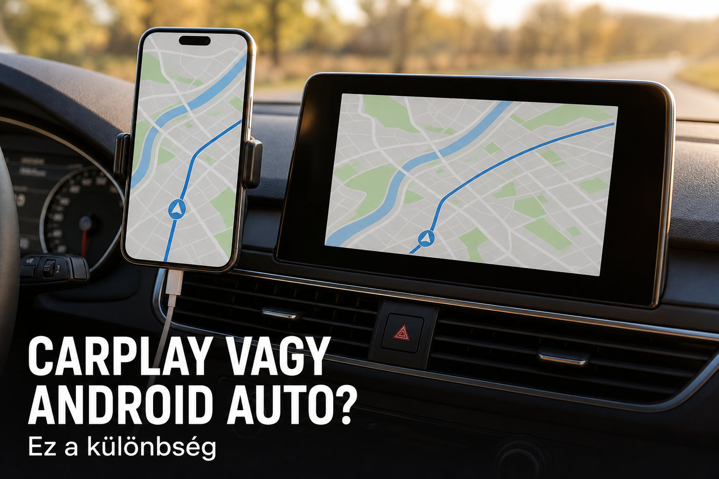 Telefon-tükrözés az autó kijelzőjén, CarPlay vagy Android Auto felirattal – illusztráció