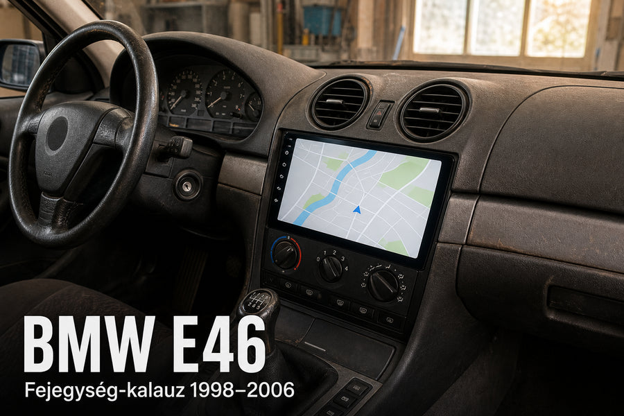 Modern Android fejegység idősebb autó műszerfalában, BMW E46 felirattal – illusztráció
