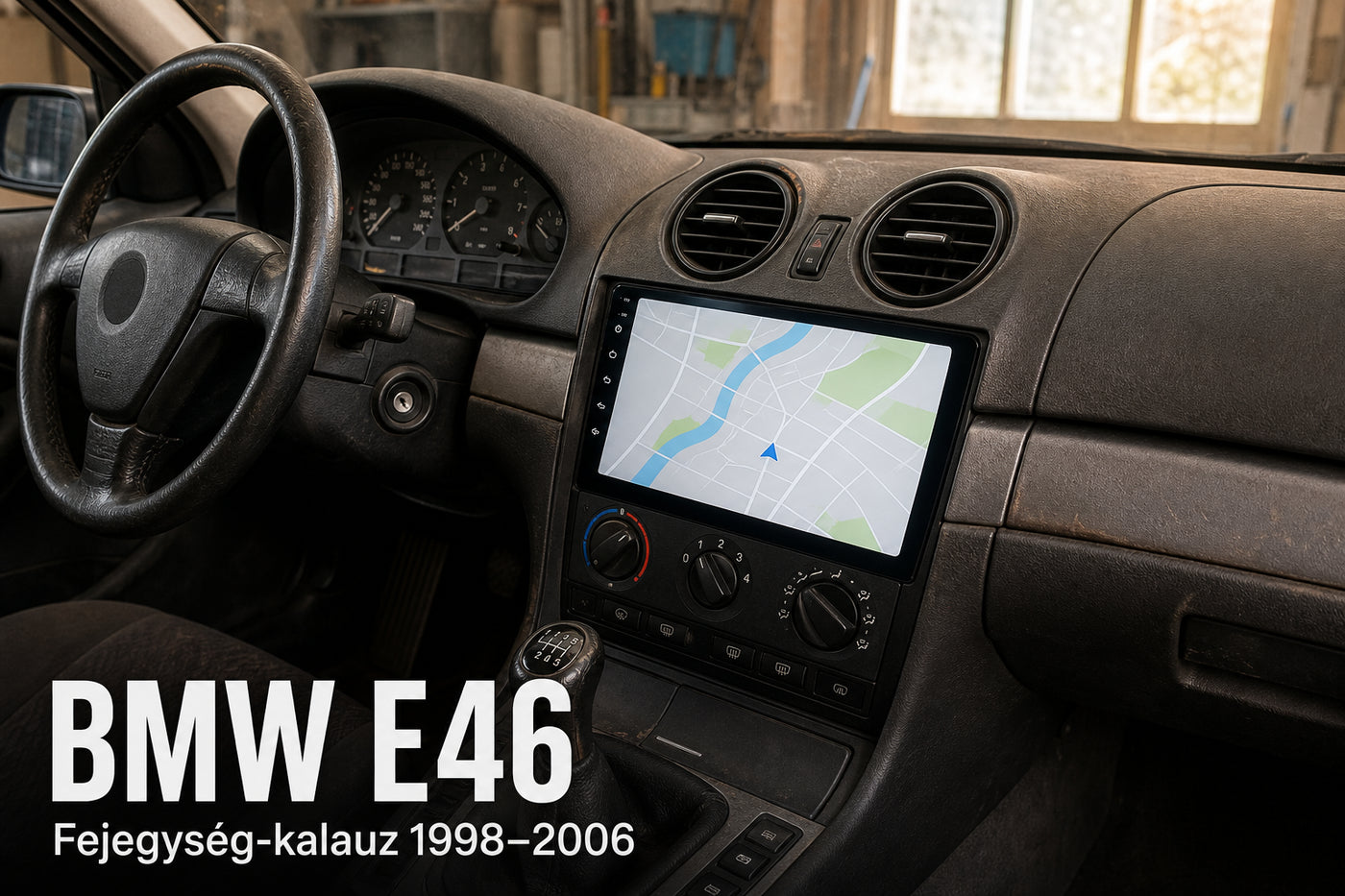 Modern Android fejegység idősebb autó műszerfalában, BMW E46 felirattal – illusztráció