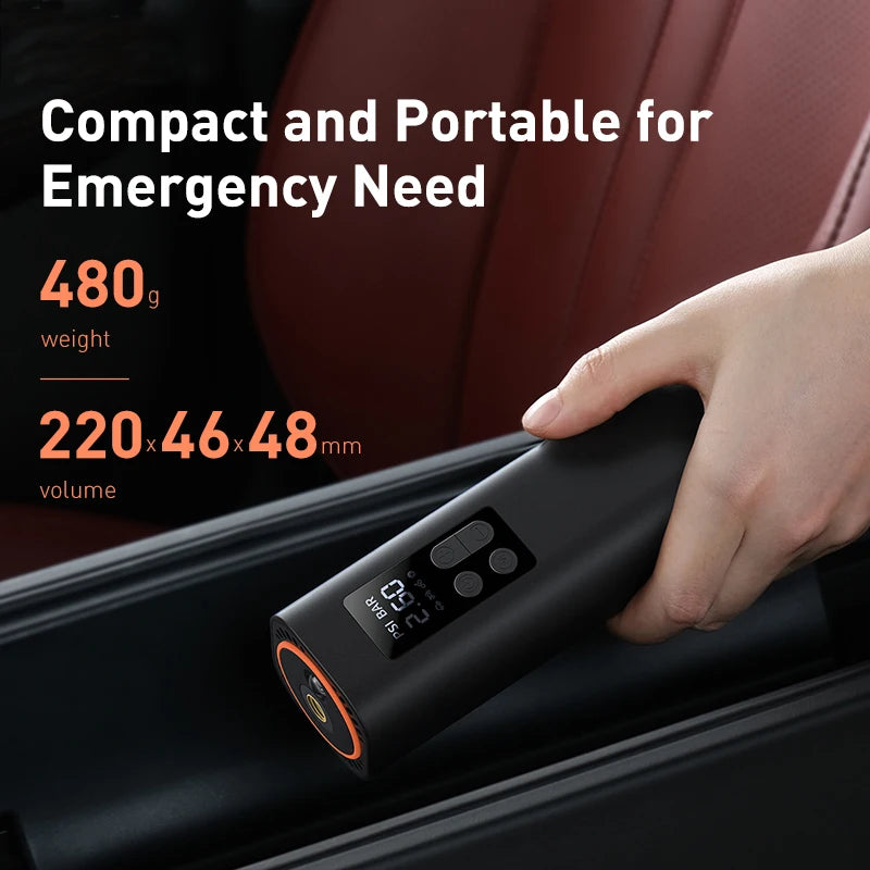 Baseus Mini autós kompresszor kézben – 480 g, 220 mm hosszú