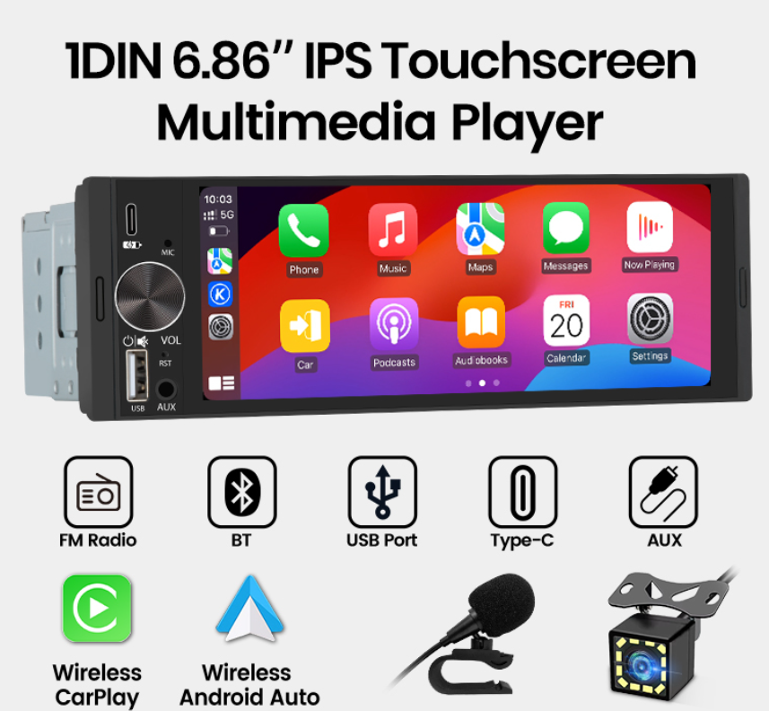 1-DIN univerzális multimédia fejegység - rádió vezeték nélküli Apple CarPlay és Android Auto