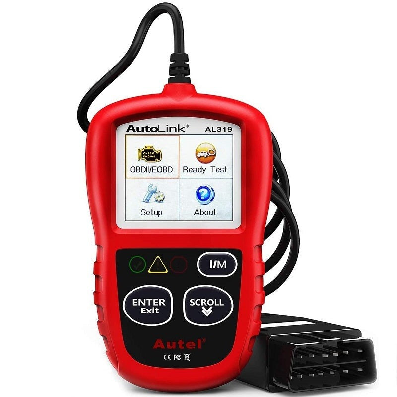 Autel AutoLink AL319 OBD2 kódolvasó főmenüvel és beépített OBD2 kábellel, fehér háttéren
