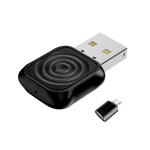 Carlinkit Mini Ultra fekete, gyűrűmintás vezeték nélküli CarPlay és Android Auto adapter a mellékelt USB-A–USB-C átalakítóval