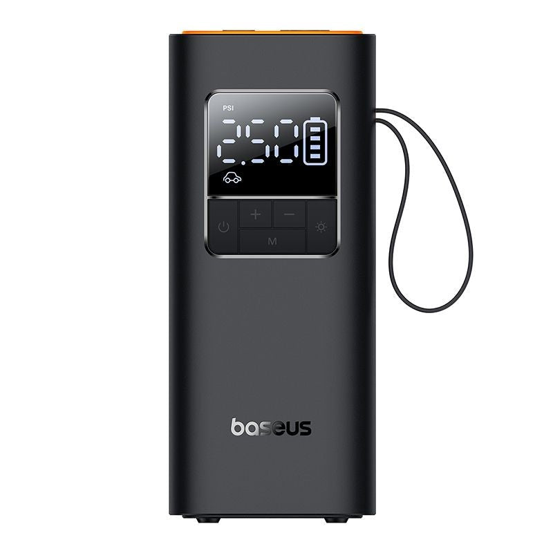 Baseus Super Mini Pro vezeték nélküli kompresszor elölnézetből, LCD kijelzővel és csuklópánttal, fehér háttéren