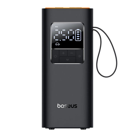 Baseus Super Mini Pro vezeték nélküli kompresszor elölnézetből, LCD kijelzővel és csuklópánttal, fehér háttéren