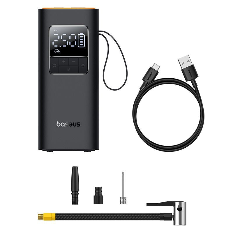 Baseus Super Mini Pro kompresszor csomag tartalma: a készülék, USB-C töltőkábel, fonott levegőtömlő és három fúvóka-adapter
