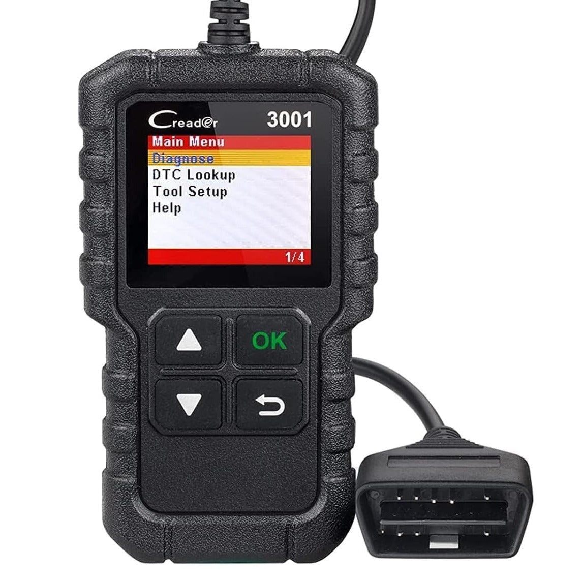 LAUNCH Creader 3001 OBD2 hibakódolvasó fekete kézi készülék színes kijelzővel és OBD2 csatlakozókábellel, fehér háttéren
