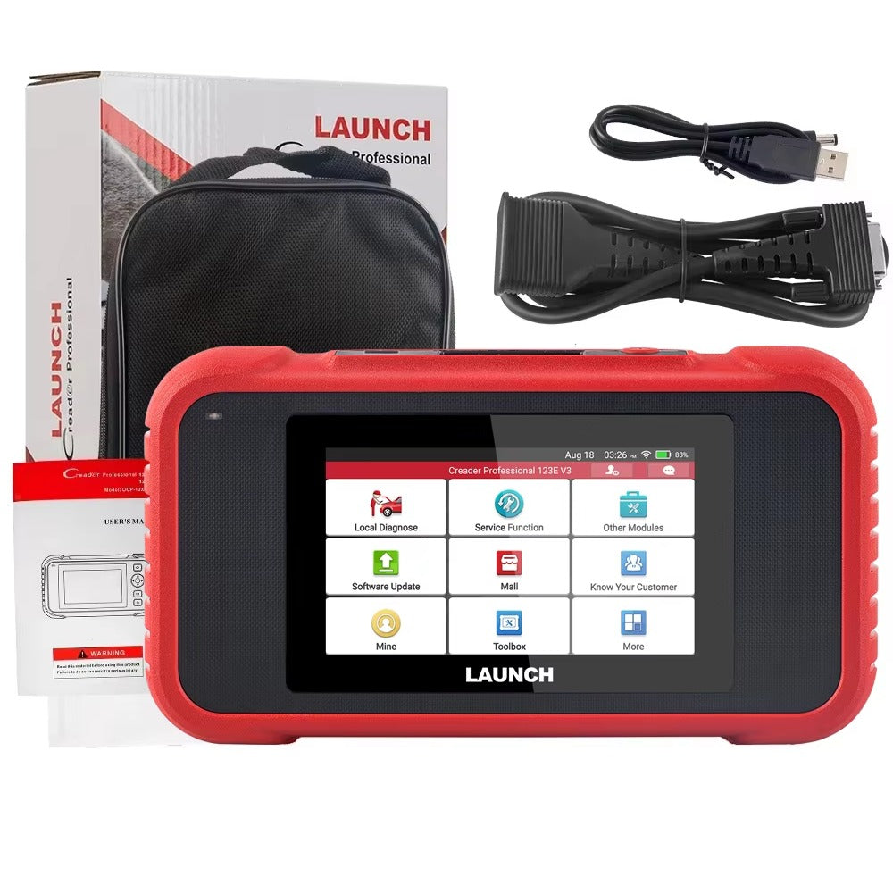 LAUNCH CRP123E V3.0 csomag tartalma: szkenner, hordtáska, OBD2 kábel, USB kábel, doboz és kézikönyv