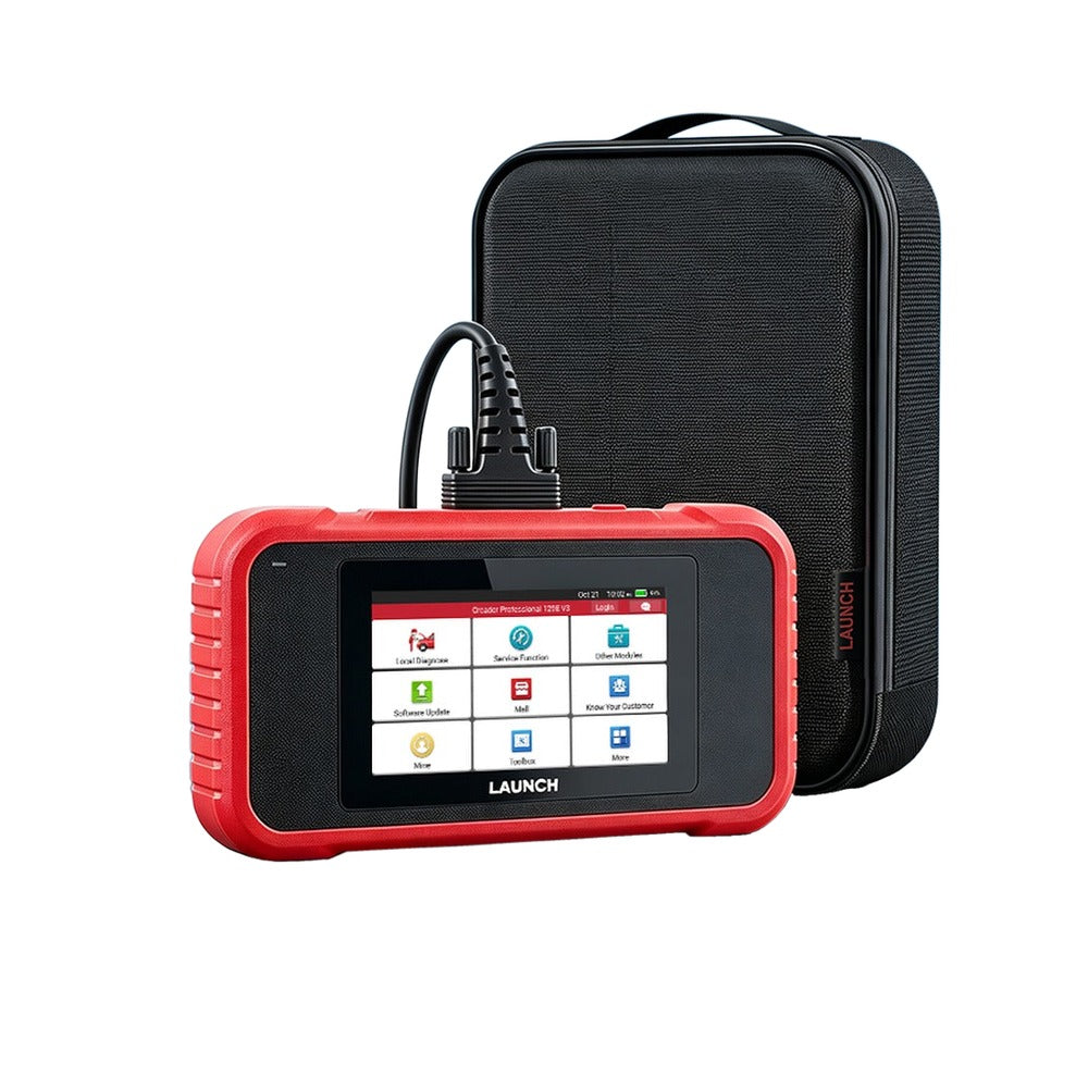 LAUNCH CRP129E V3.0 diagnosztikai műszer hordtáskával és OBD2 kábellel, fehér háttéren