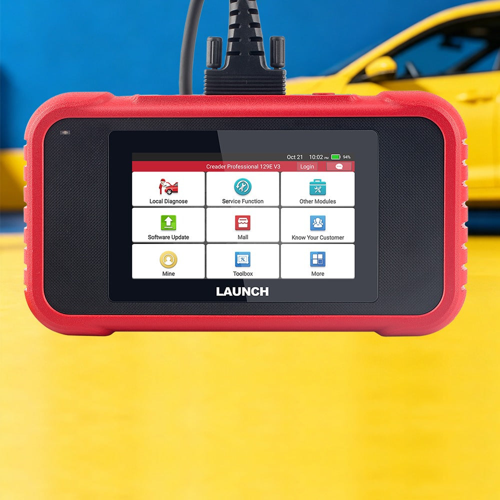 LAUNCH CRP129E V3.0 főmenüje: Local Diagnose, Service Function, Other Modules ikonok, csatlakoztatott OBD2 kábellel