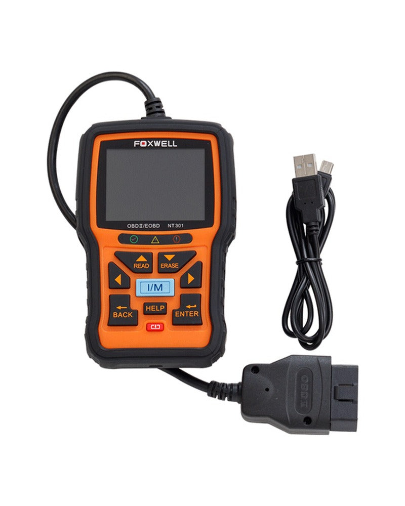 FOXWELL NT301 hibakódolvasó beépített OBD2 csatlakozókábellel és mellékelt mini USB kábellel