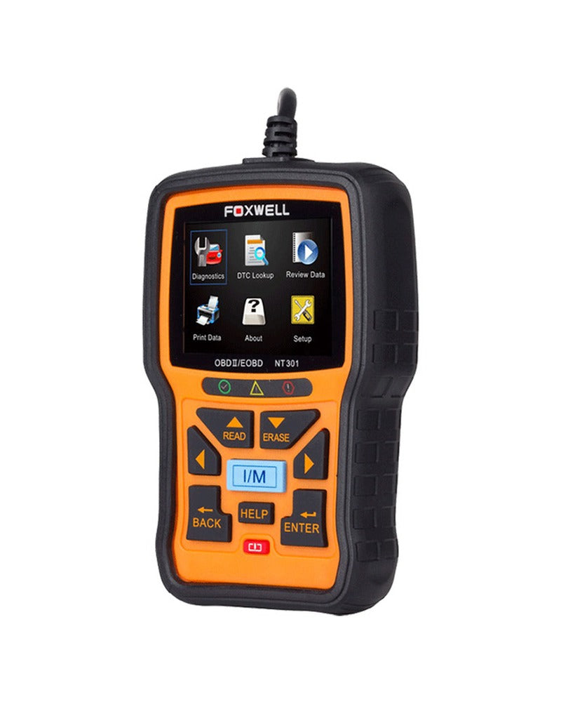 FOXWELL NT301 OBD2 szkenner másik oldalról, a főmenü ikonjaival a 2,8 hüvelykes kijelzőn